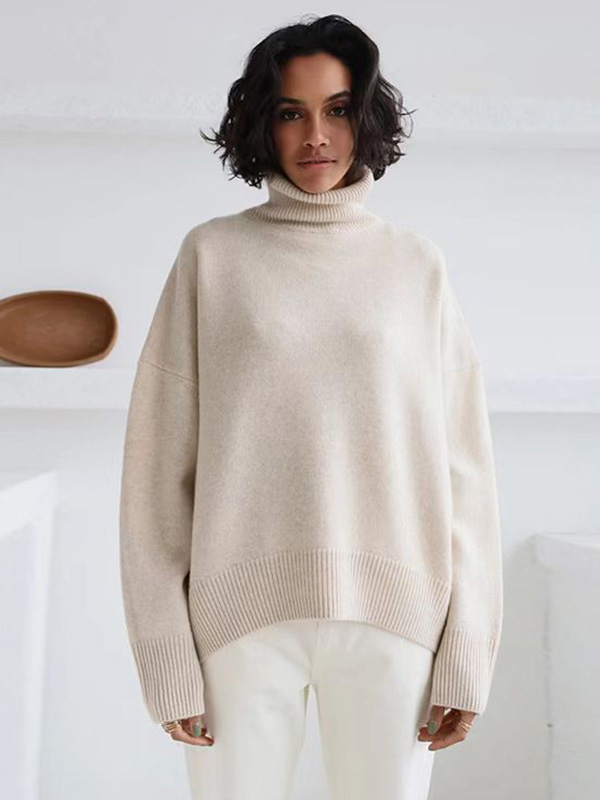 Casual Long Sleeves Loose Solid Color High-Neck Sweater Tops LIGHT APRICOT-M