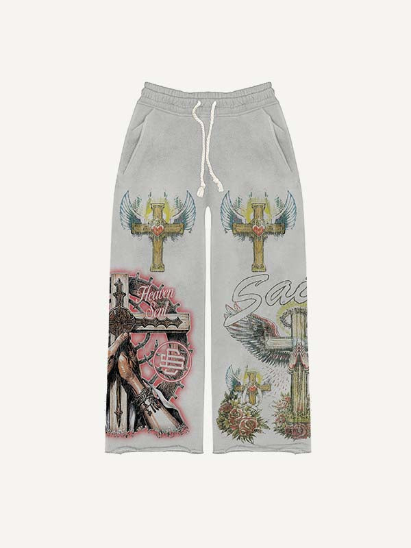 Cross&Wing&Palm&Letter Print Elastic Waist Pants