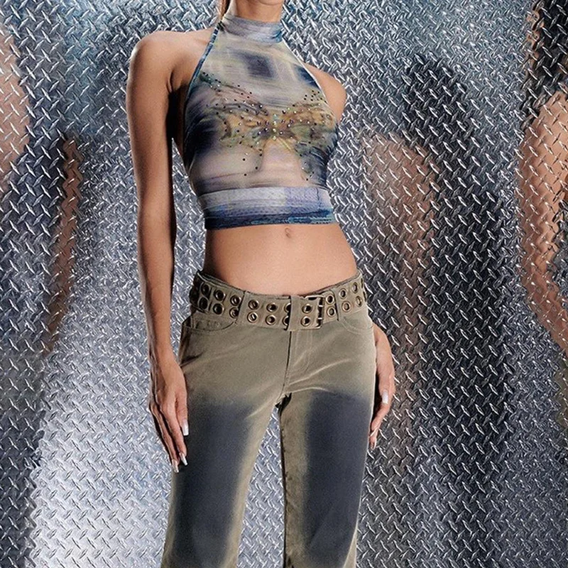 Uveng Uveng Women's Fall 2023 New Sexy Hollow-Out Retro Print High Neck Strap Crop Vest