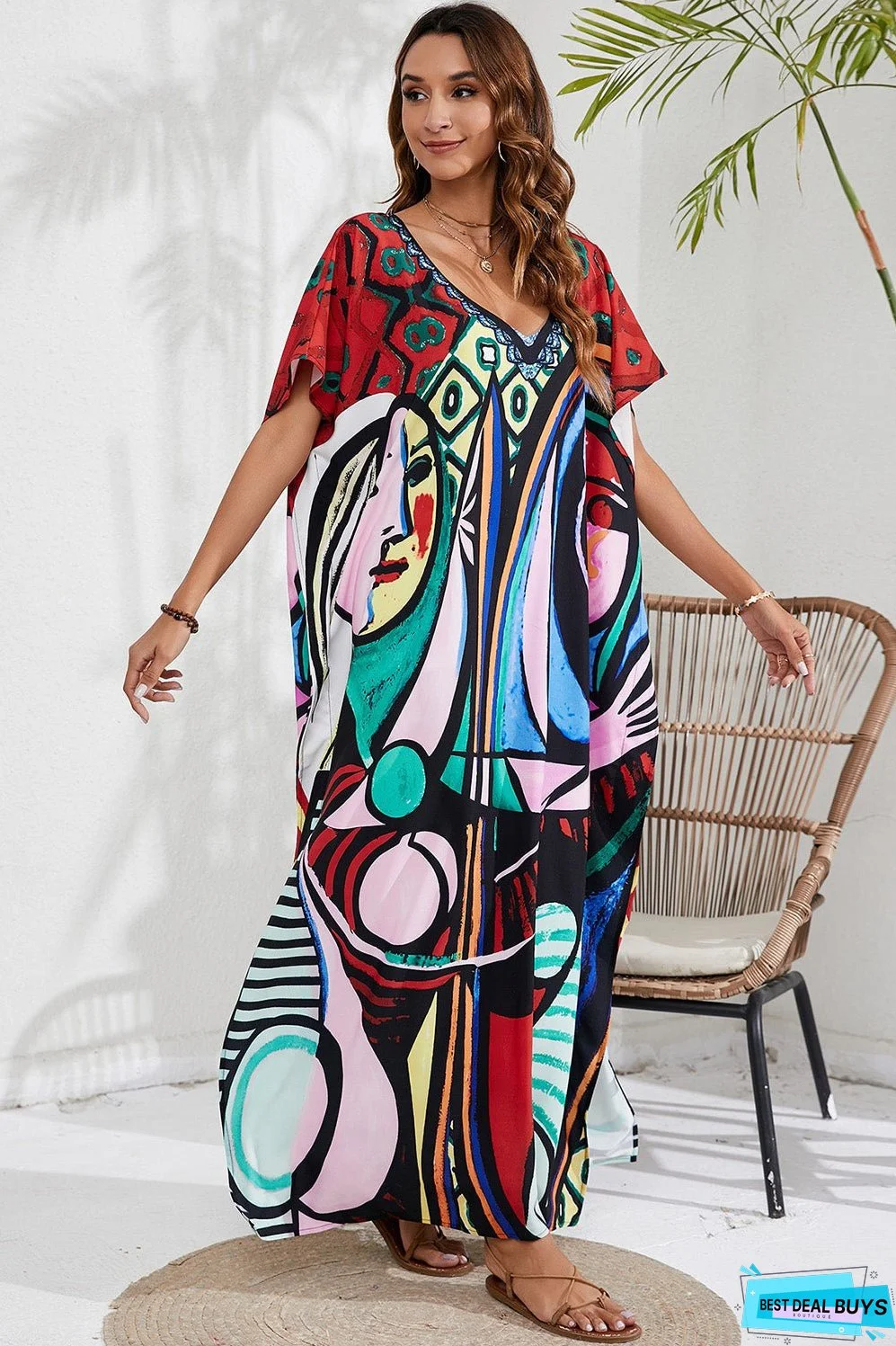 Slit Printed V-Neck Short Sleeve Cover Up