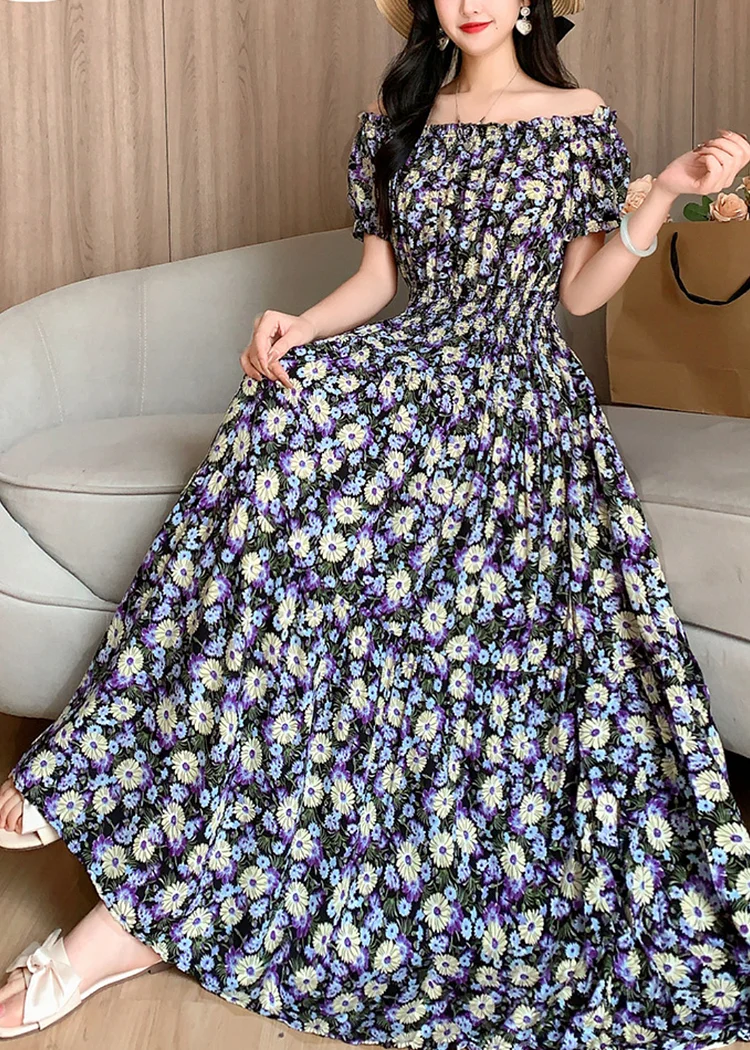Women's floral dress, travel beach dress, printed short-sleeved one-line collar, Maxi Dress