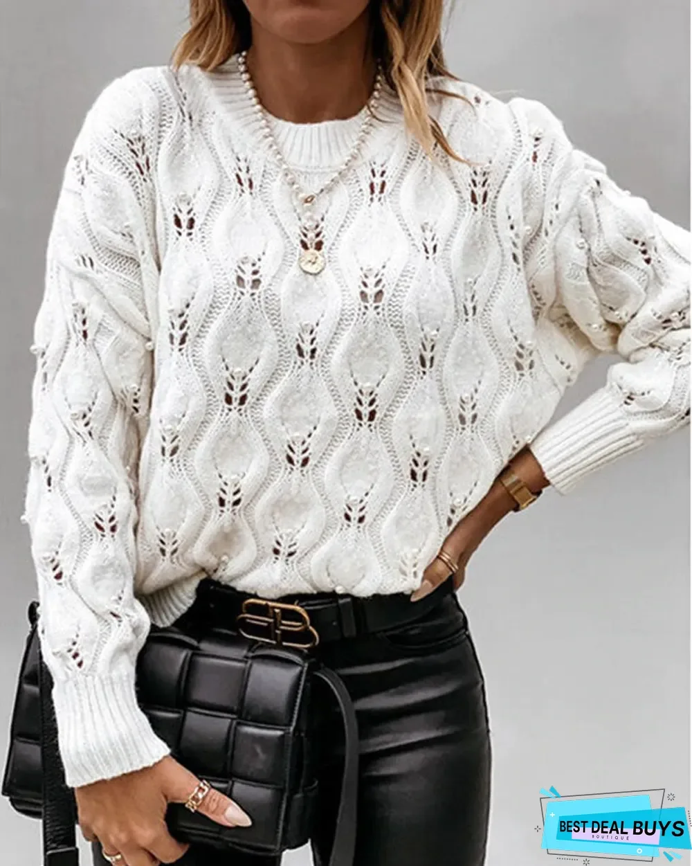 Pearls Decor Drop Shoulder Open Knit Sweater
