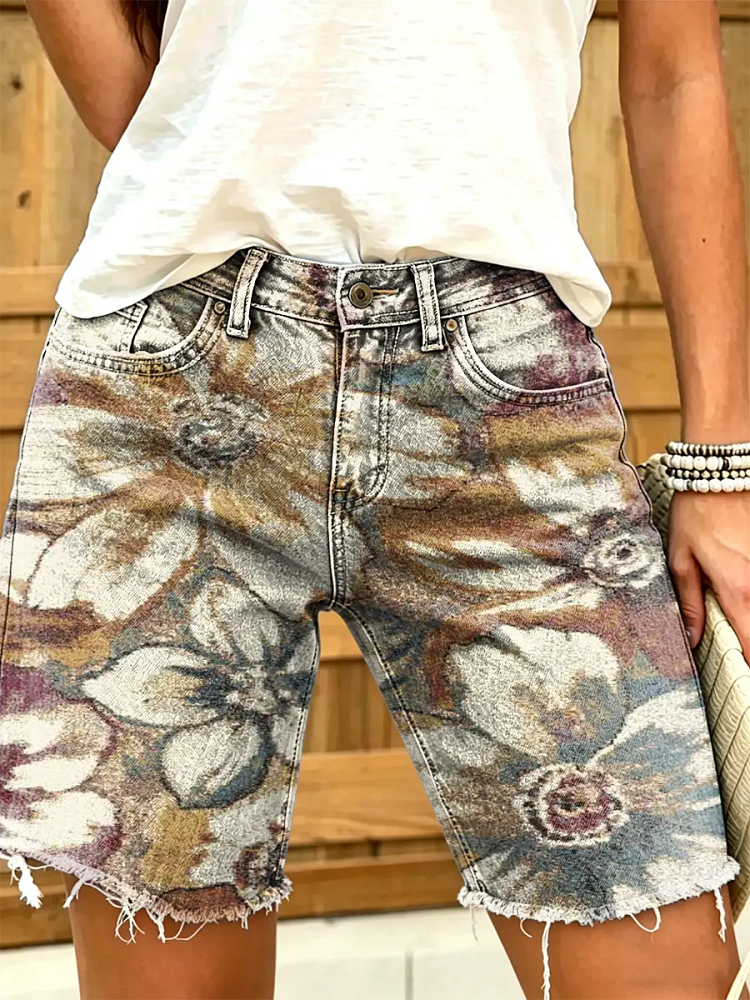 Women's Watercolor Floral Print Frayed Hem Denim Shorts
