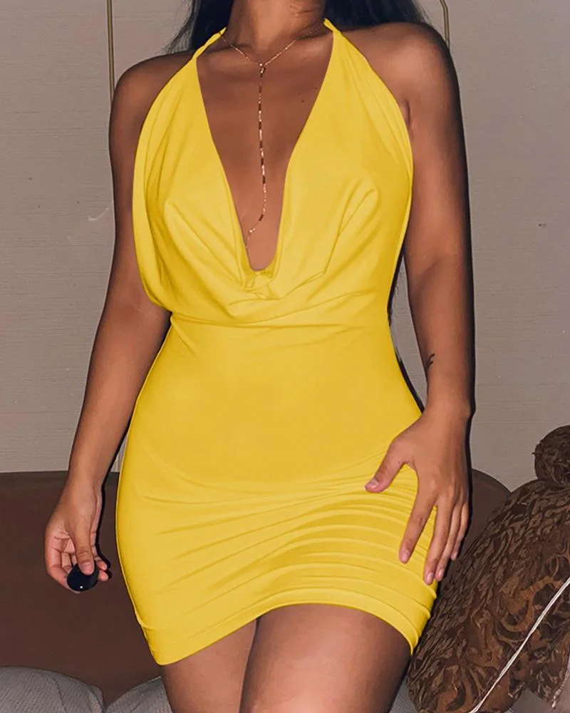 Solid Color Deep V-Neck Bodycon Dress