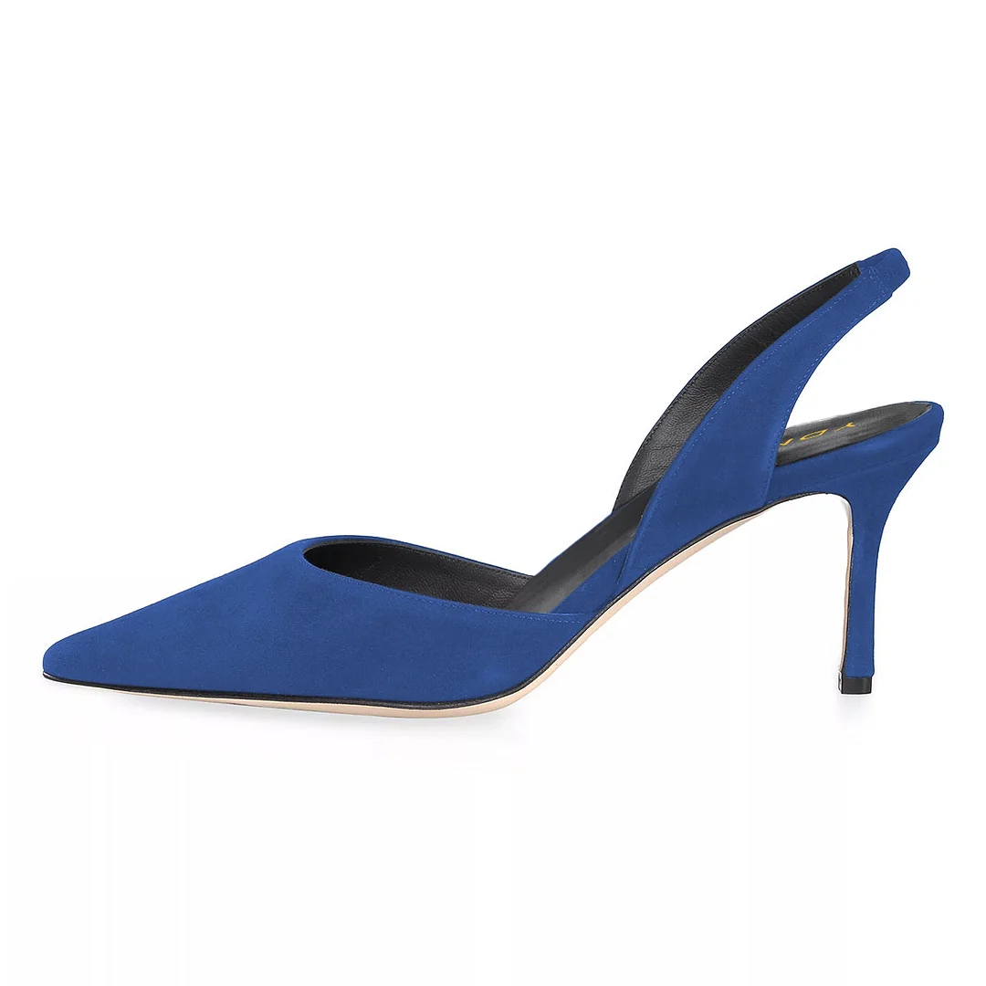 YDN Women's Blue Vegan Suede Pointed Toe Simple Slingback Heels