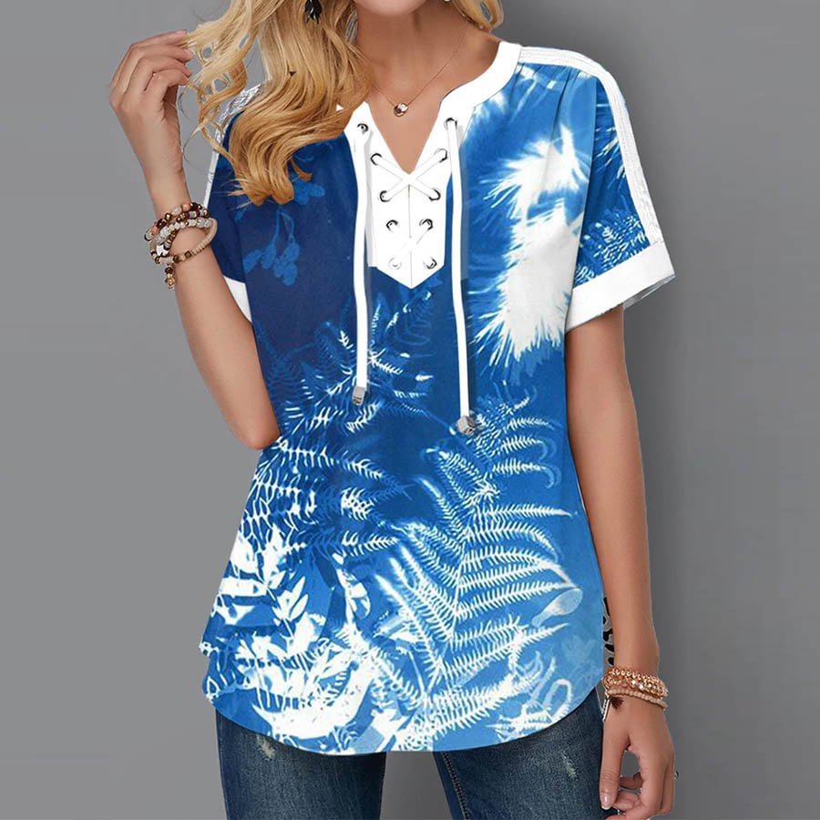 Leaf Print Lace-up Women's Loose Tops