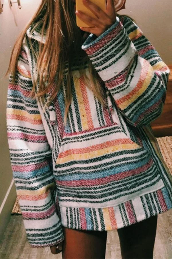 Striped Long Sleeve Hood Sweatshirt-Allyzone-Allyzone