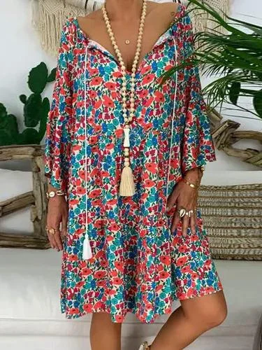 Women's V-Neck Casual Printed Loose Long Sleeve Dress-Floral-Mayoulove