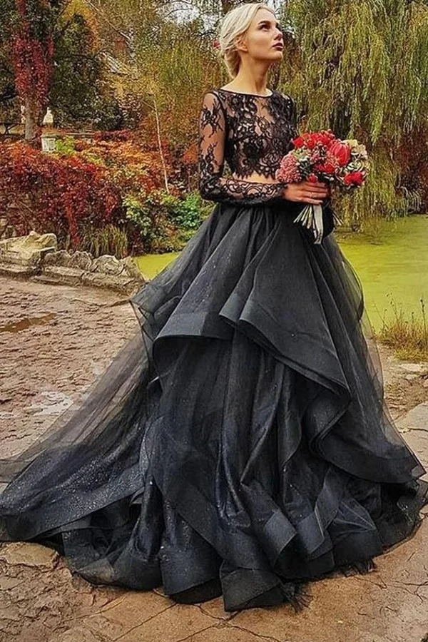 Black Long Two Pieces Wedding Dress With Sleeves Tulle Lace