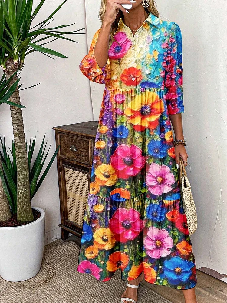 Womens Art Flower Pattern Cotton and Linen Dress