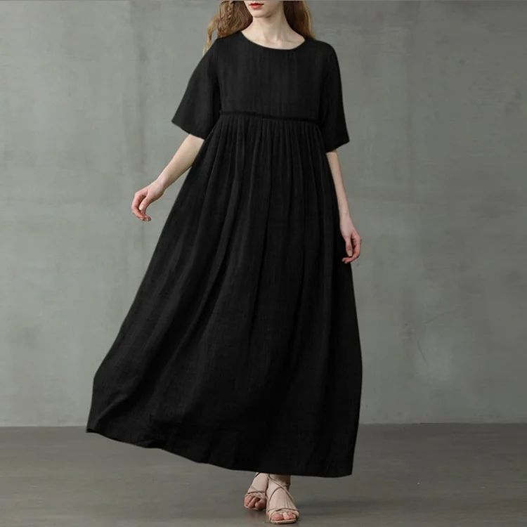 Vintage Round Neck Plain Pleat Short Sleeve Maxi Dress