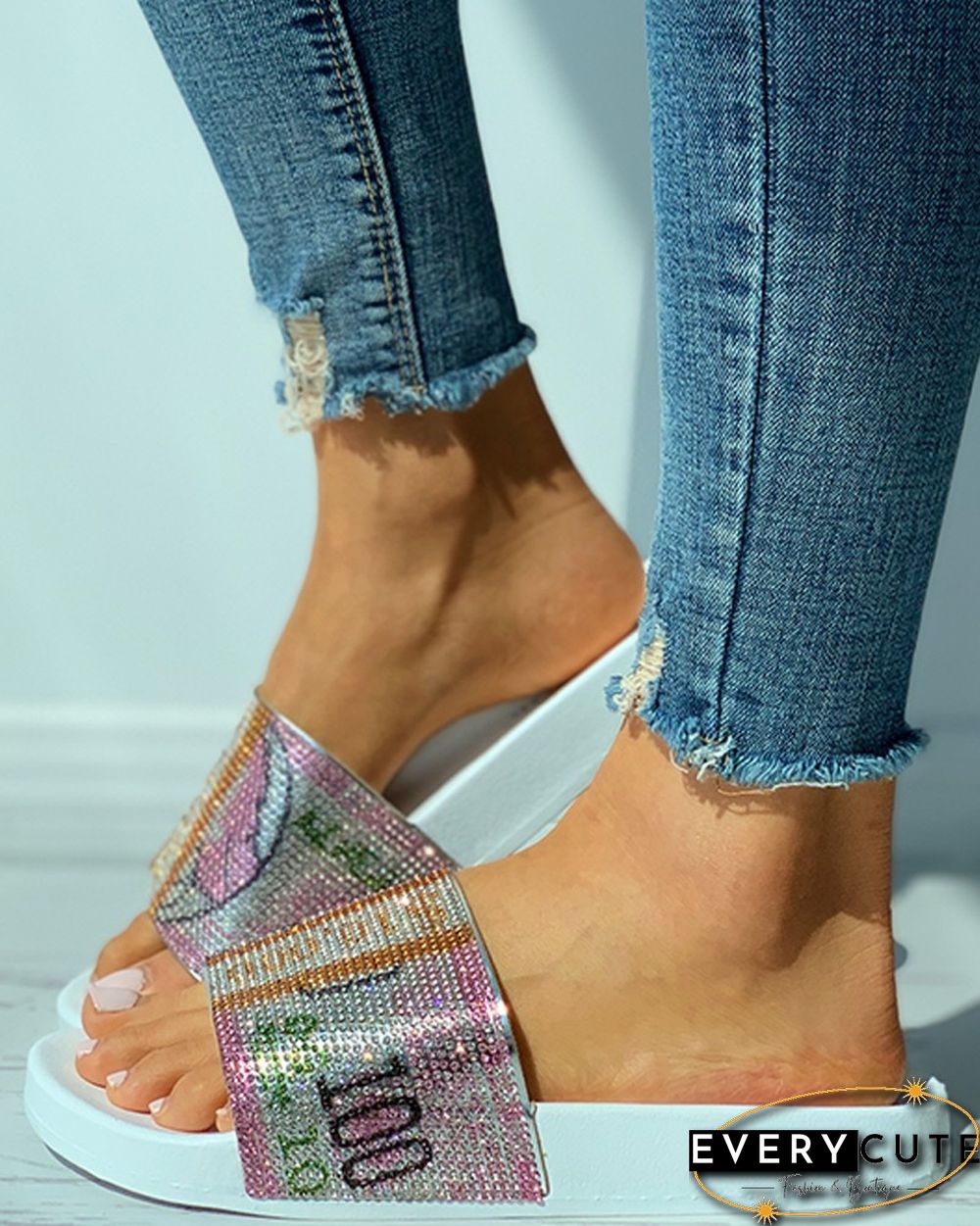Dollar Pattern Studded Slide Sandals