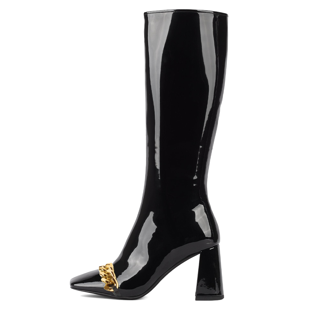 Women's Patent Leather Square Toe Metal Chain Heeled Boots in Black Nicepairs