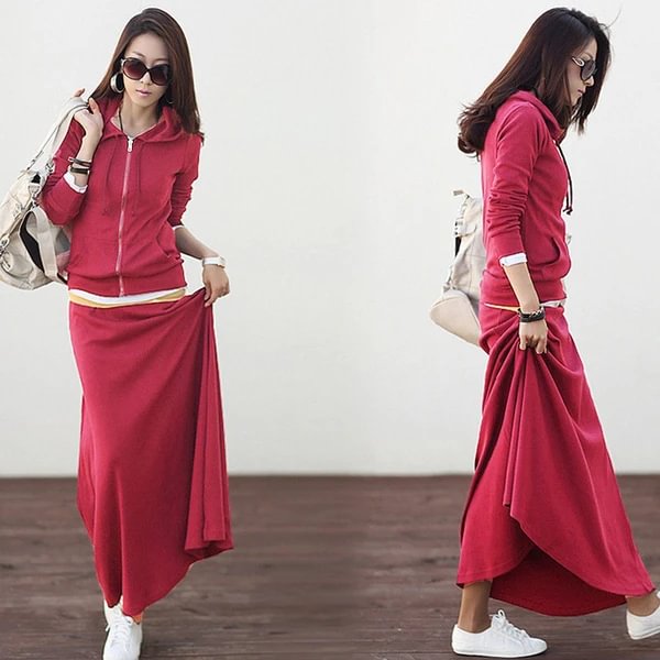 New Style Casual Slim Dress Hooded Large Sweater Two-piece Dress Suit - VSMEE
