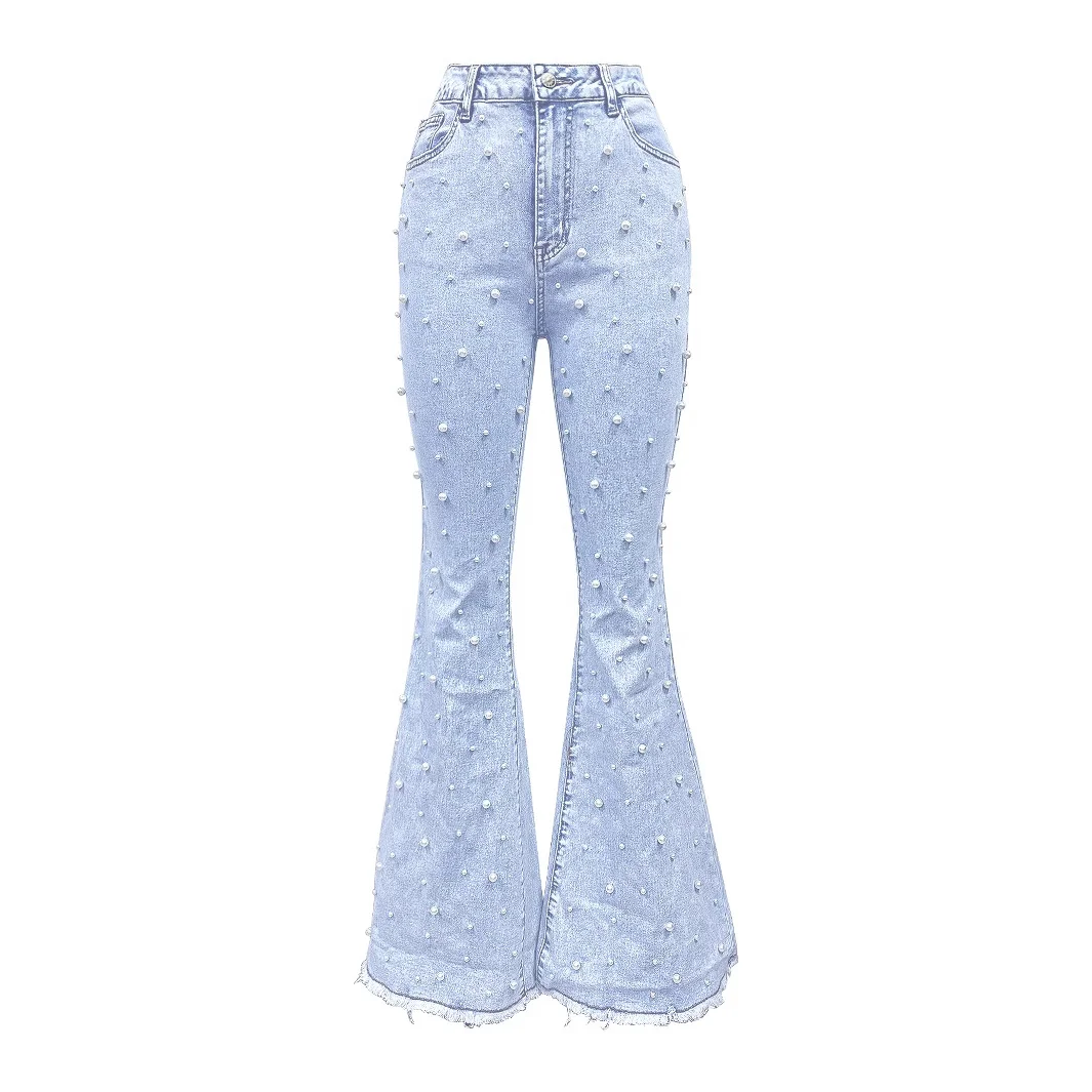 Women's Elastic Micro Flared Pearl Denim Jeans
