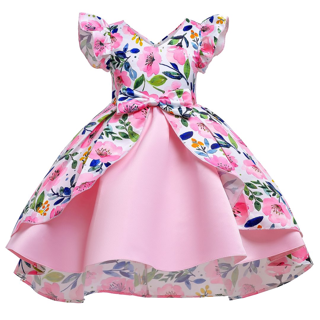 Buzzdaisy Floral Dress Princess Dress For Toddlers Bow-Knot Girl Lotus Leaf Sleeves Cartoon Pictures Cotton Princess Dress Children’S Birthdays