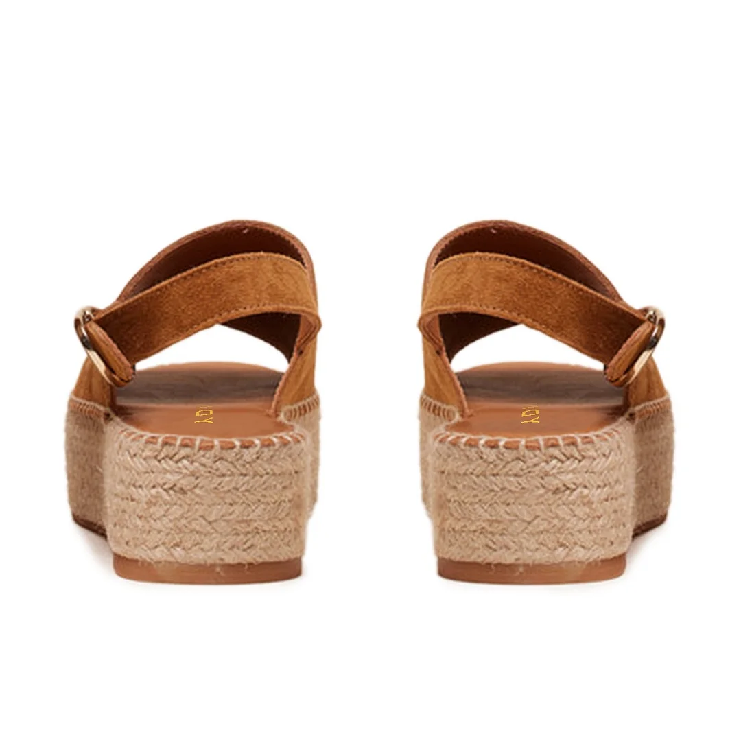 Brown Vegan Suede Open Toe Slingback Espadrille Platform Sandals