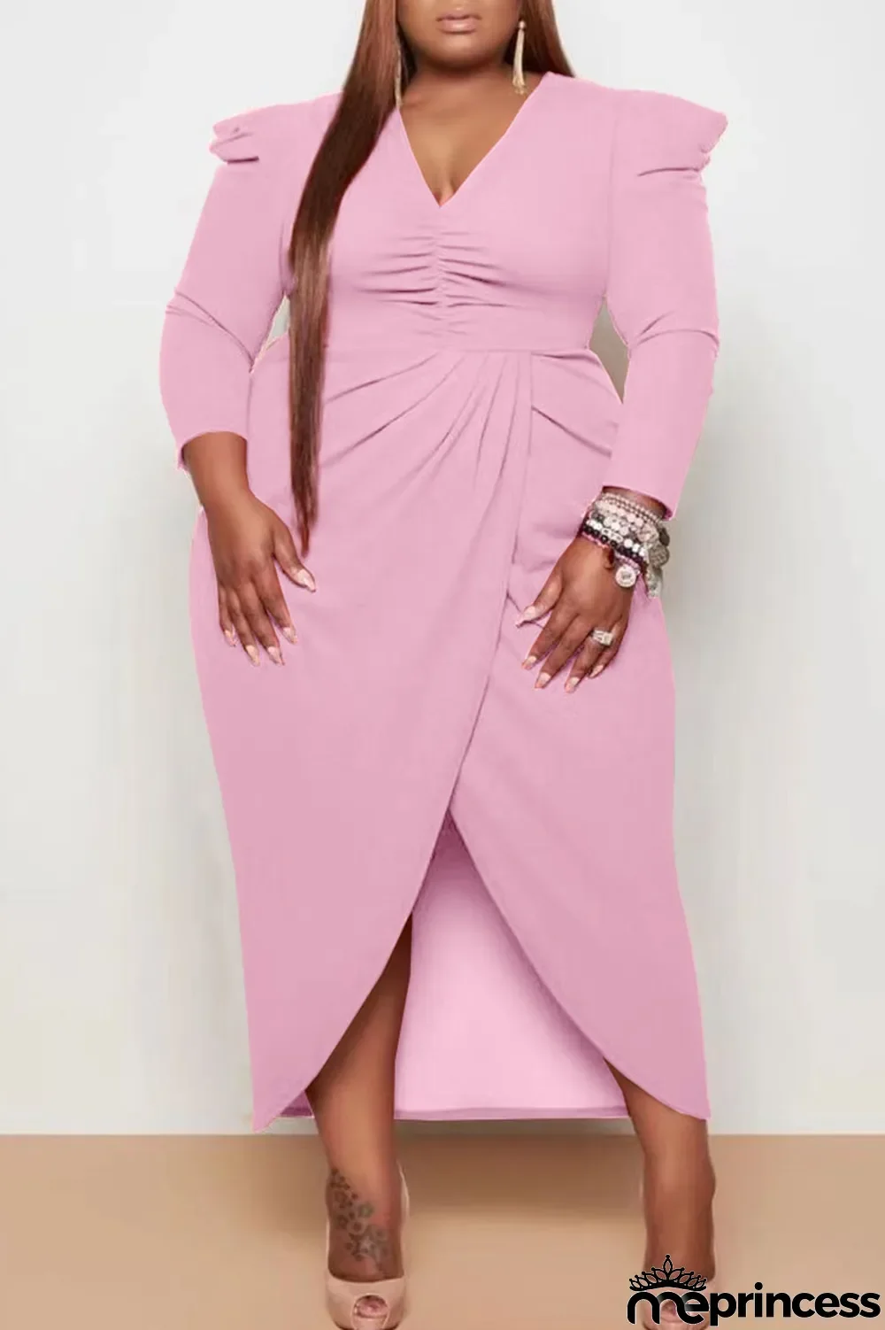 Rose Red Casual Solid Patchwork Fold Asymmetrical V Neck Princess Plus Size Dresses