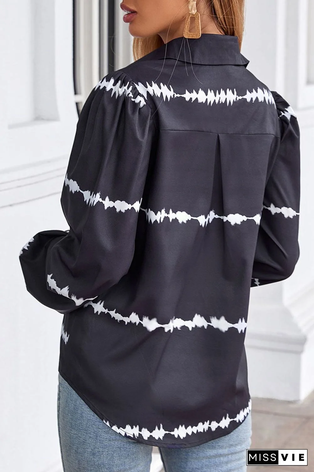 Fashion Street Print Split Joint Turndown Collar Tops