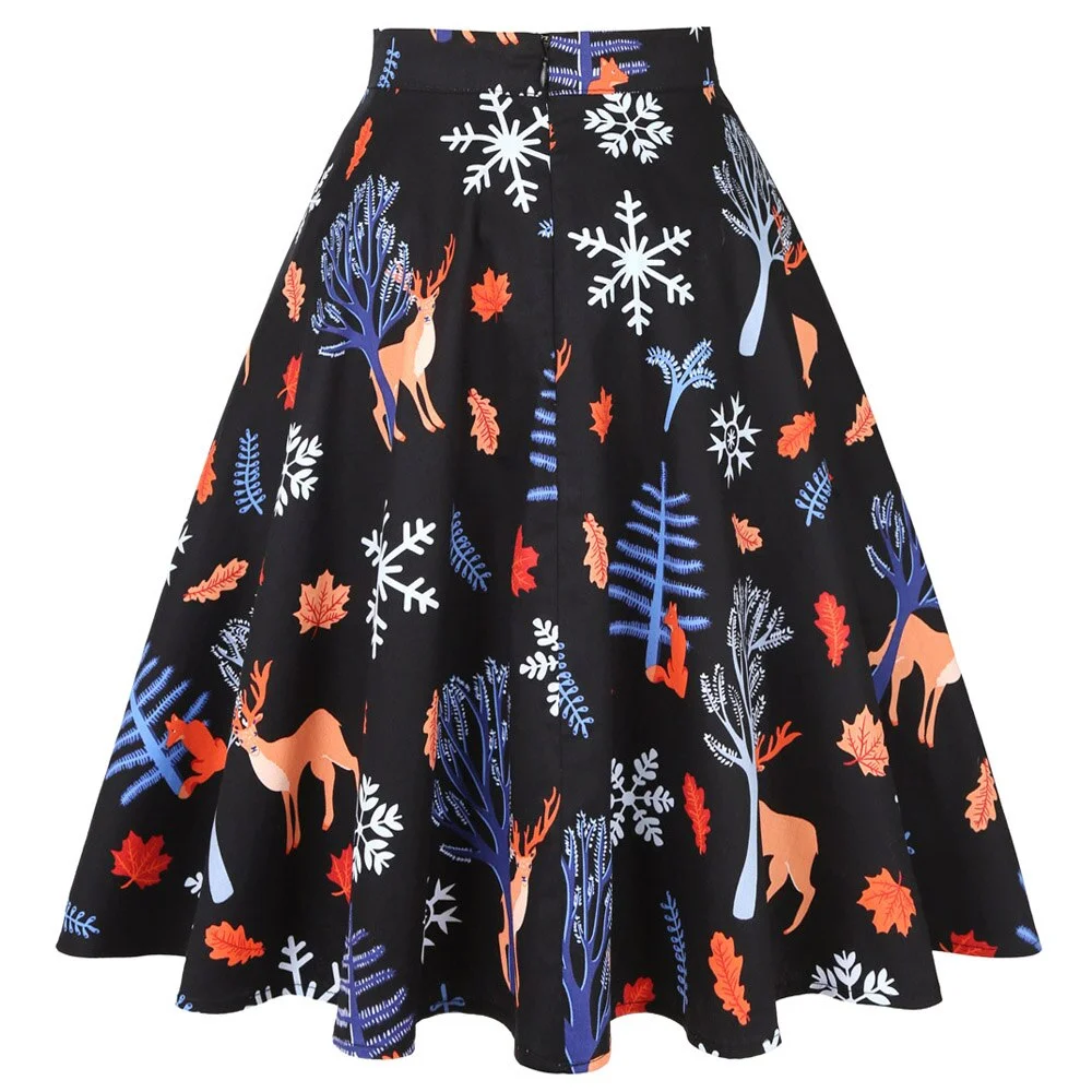 Jangj Rockabilly Puff Skirt Christmas Skirts Women Y2k Cyber XXL Pin Up Skater 3D Print Swing Dance Party Skater Umbrella Circle Skirt