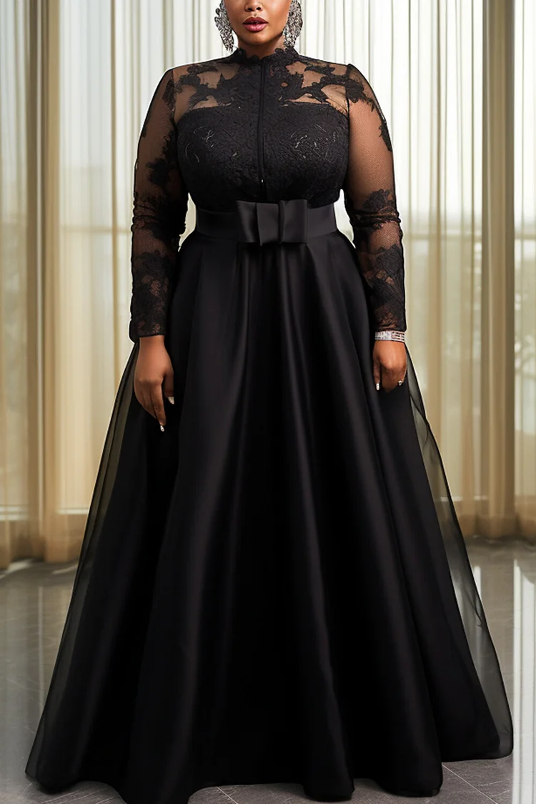 Xpluswear Design Plus Size Formal Organza Black Elegant Round Neck Long Sleeve See Through Lace Maxi Dresses [Pre-Order]