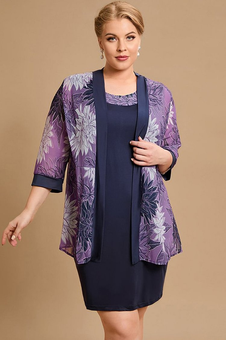 Flycurvy Plus Size Purple Printed Mesh 3/4 Sleeve Two Pieces Midi Dresses (Without Necklace)  Flycurvy [product_label]