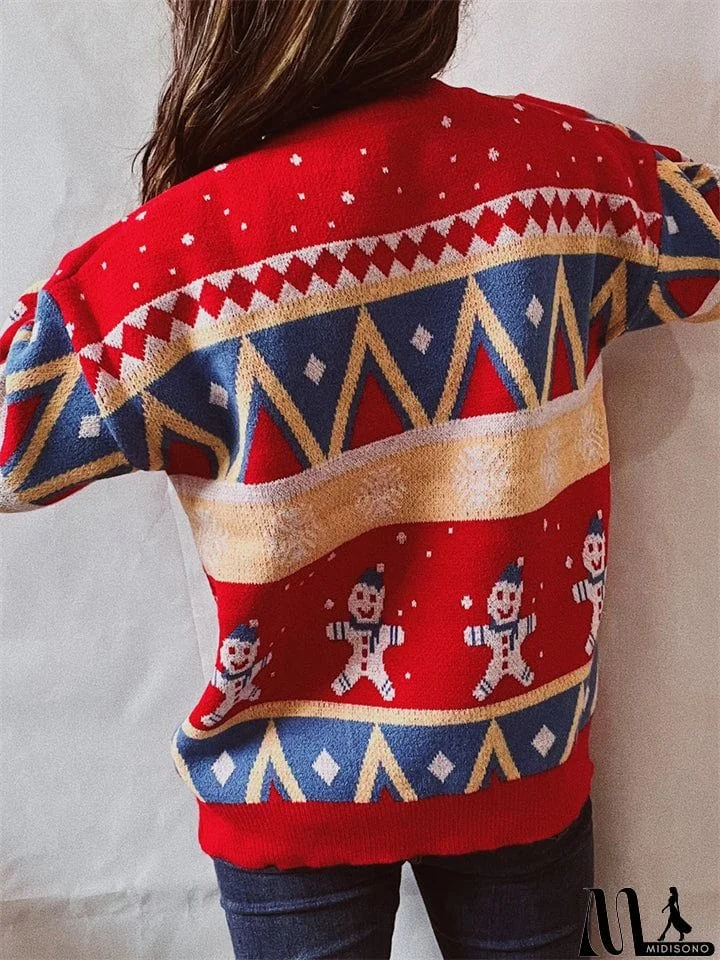 MidiSono - Winter Christmas Style Lovely Cartoon Snowman Print Pullover Wool Sweater for Women