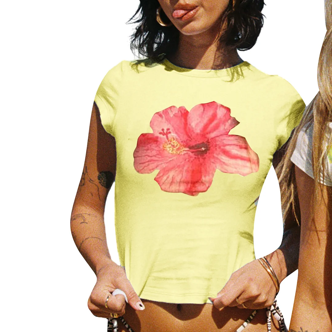 Athvotar Athvotar New Flower Print Short-Sleeved T-Shirt Girl Sexy Hottie Breathable Top