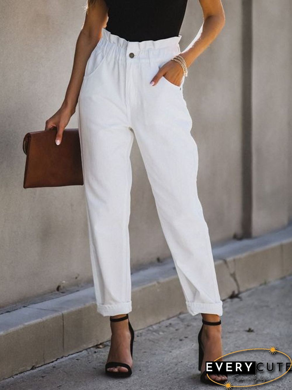 Women Casual Plain Autumn Natural Loose Elastic Band Straight pants Long H-Line Casual Pants