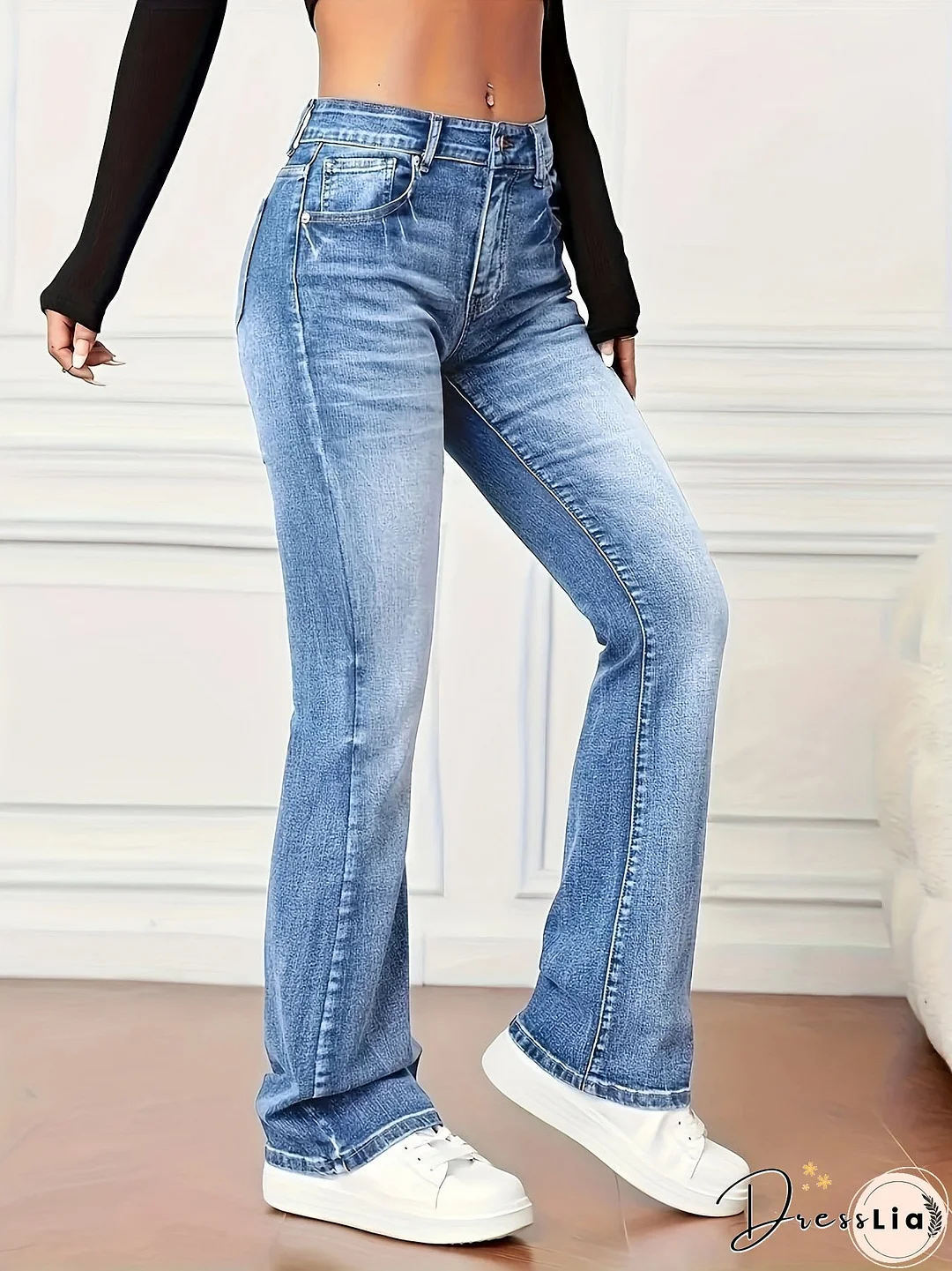 Washed Mid-Stretch Bootcut Jeans, Slant Pockets Versatile Denim Pants, Women's Denim Jeans & Clothing