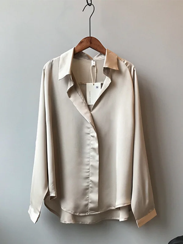 Satin V-Neck Loose Solid Color High-Low Long Sleeve Shirts