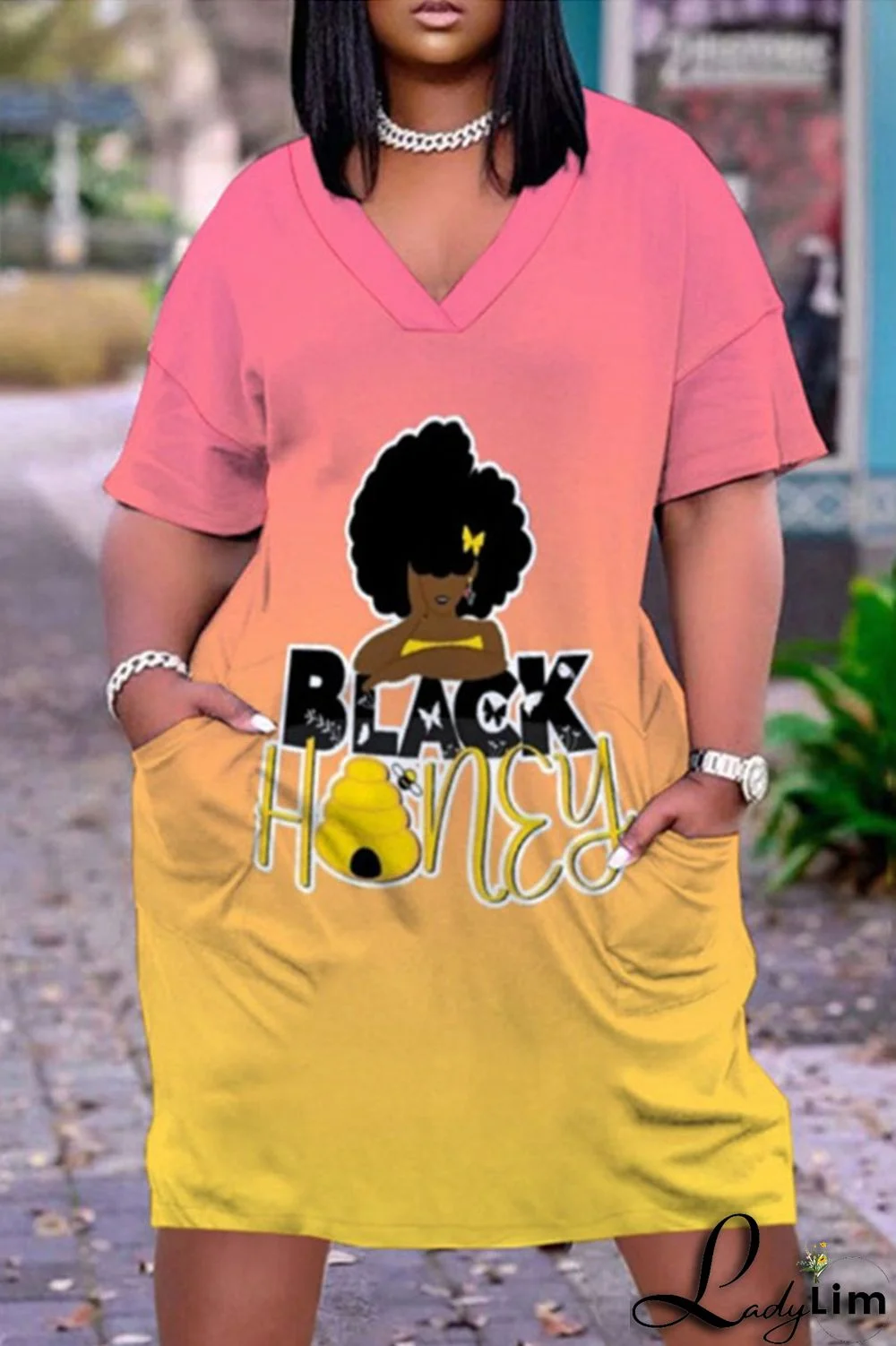 Rose Red Casual Gradual Change Print Pocket V Neck Straight Dresses