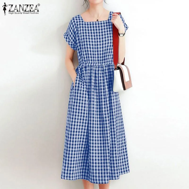 ZANZEA Vintage Women Plaid Checked Midi Dress Summer Elegant Square Neck Short Sleeve Sundress Party Vestidos  Femme