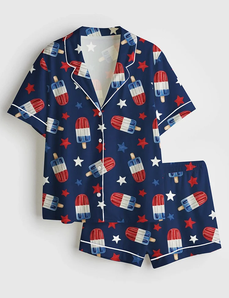 Women&rsquo;s Fourth Of July Red White Blue USA Flag America Stars And Flags Patriotic 4th Of July Popsicles Short Sleeve Satin Pajama Set