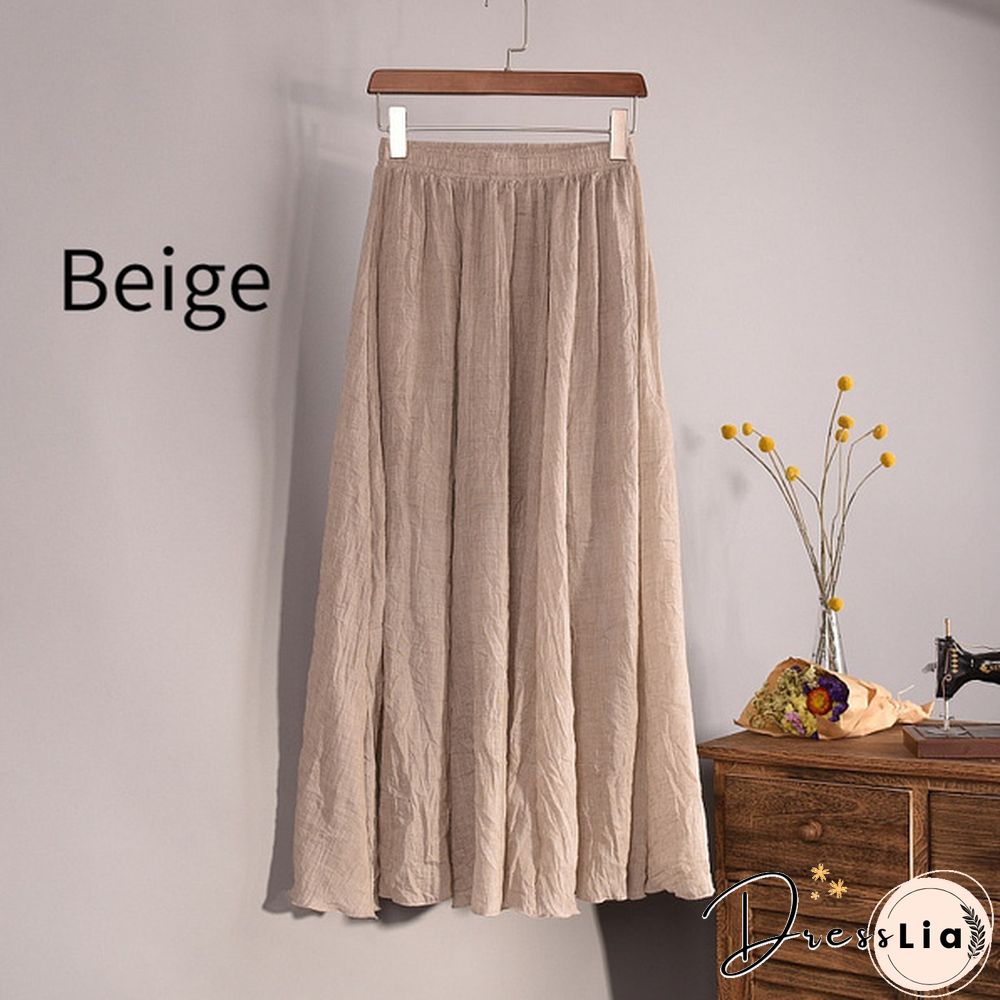Women Cotton Linen Pleated Maxi Skirt Elastic Waist Vintage Solid Color Boho Beach Spring Summer Pleated Maxi Skirt