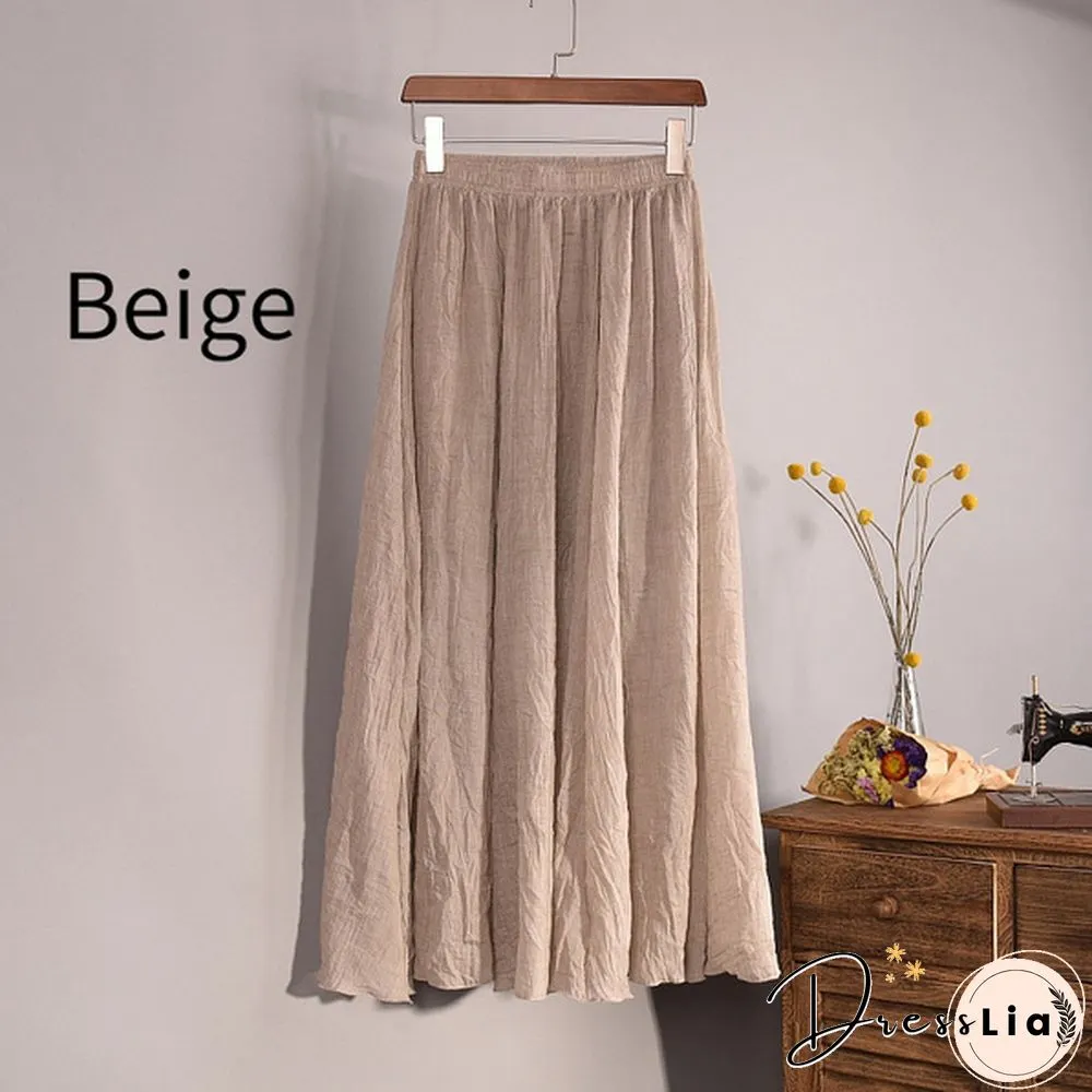 Women Cotton Linen Pleated Maxi Skirt Elastic Waist Vintage Solid Color Boho Beach Spring Summer Pleated Maxi Skirt