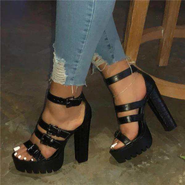 Line-Style Buckle Chunky Heel Open Toe Strappy Buckle Sandals