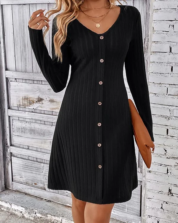 Casual Button Ribbed Long Sleeve Dress