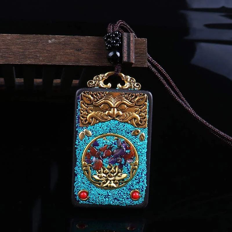 Ebony Wood Elephant Lotus Balance String Necklace Pendant