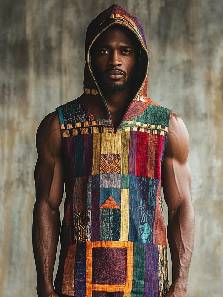 Men's African Ethnic Patchwork Linen Hooded Tank Top