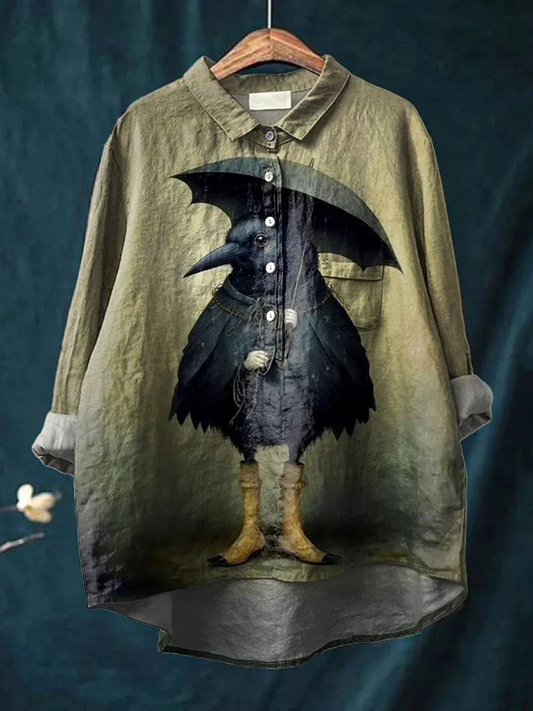 Vintage Lovely Raven Art Print Casual Cotton And Linen Shirt