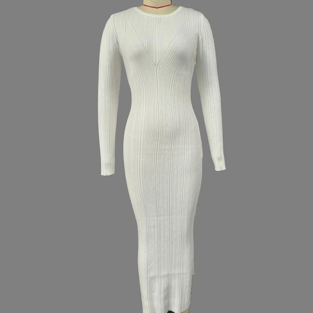 Athvotar Athvotar Wind Solid Color Knitted Dress Female Spring And Autumn Temperament Waist Long Sleeve Long Skirt