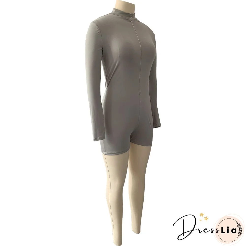 Solid Zipper Front Long Sleeve Bodycon Romper