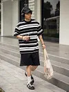 Men's Double Yarn Striped T Shirt 2026 Crewneck Drop Shoulder Half Sleeve Loose Fit