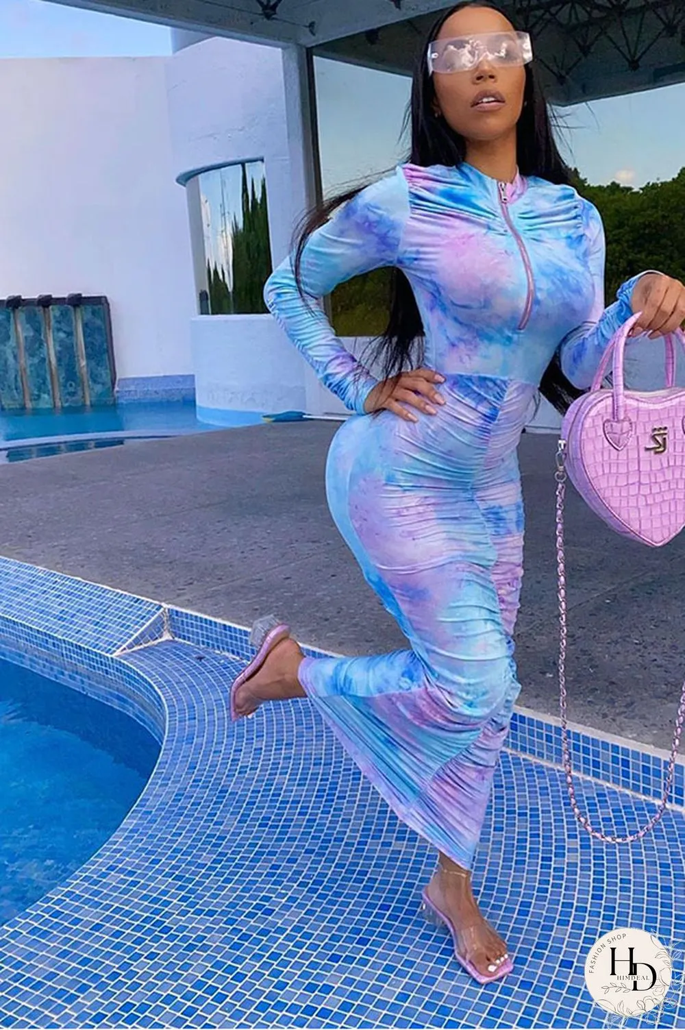 Blue Sexy Long Sleeves O neck Step Skirt Ankle-Length Print Tie and dye asymmetrical chain Dresses