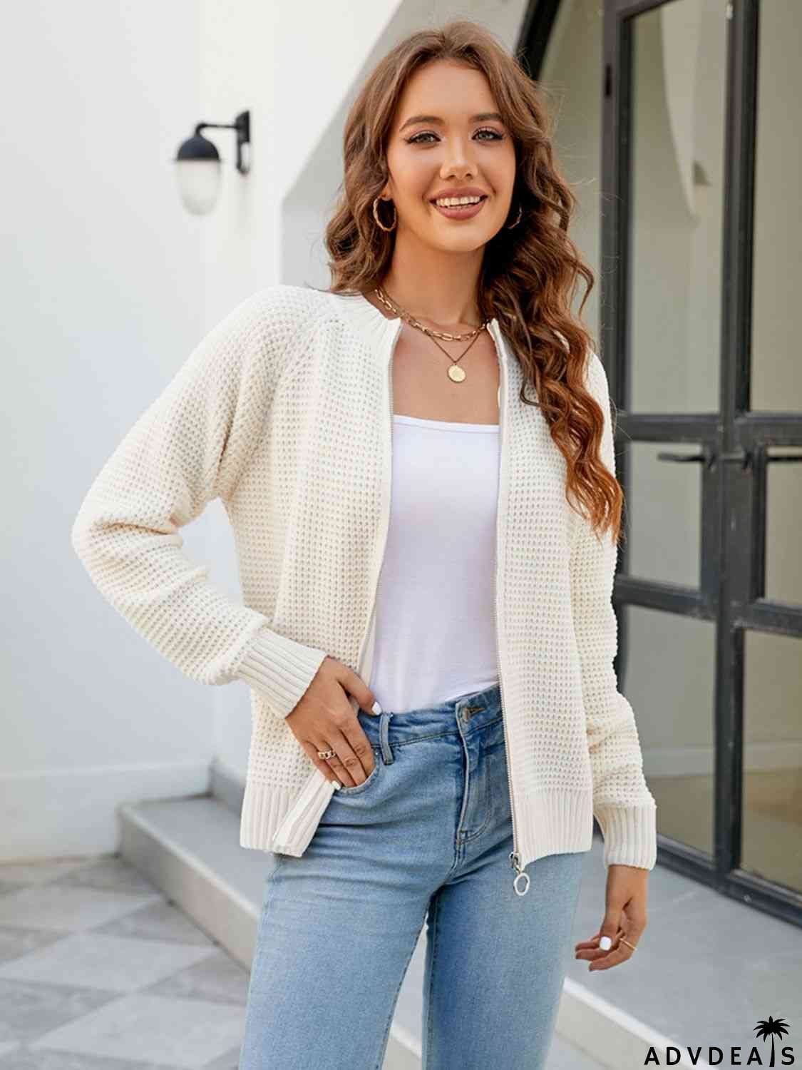 Zip-Up Round Neck Cardigan