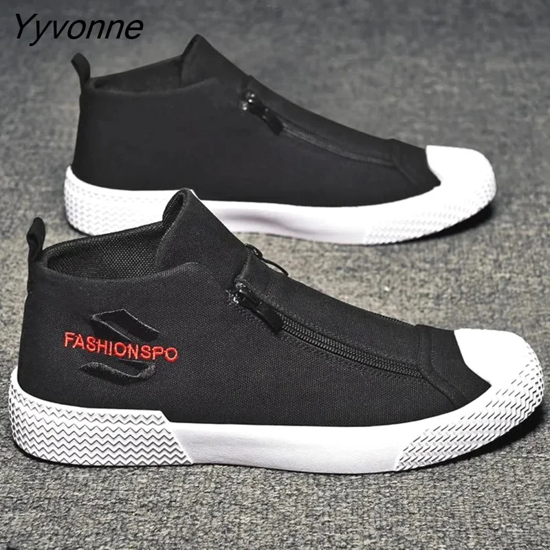 Yyvonne Zippers Canvas Flat Loafers Men Vulcanized Shoes for School Boys Casual Breathable Sneakers Men Espadrilles Running Shoes