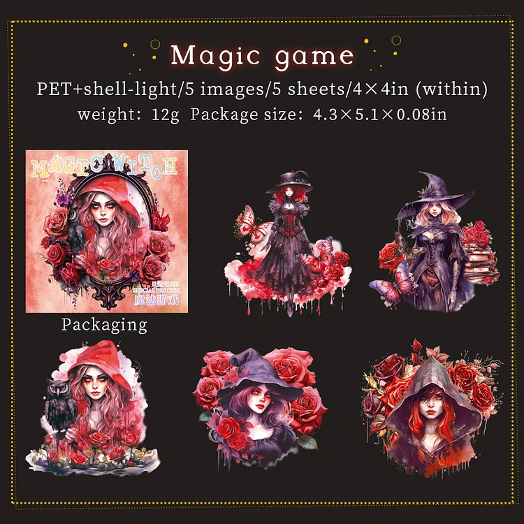 Journalsay 5 Pieces Magic Witch Series Retro Character Pet Stickers
