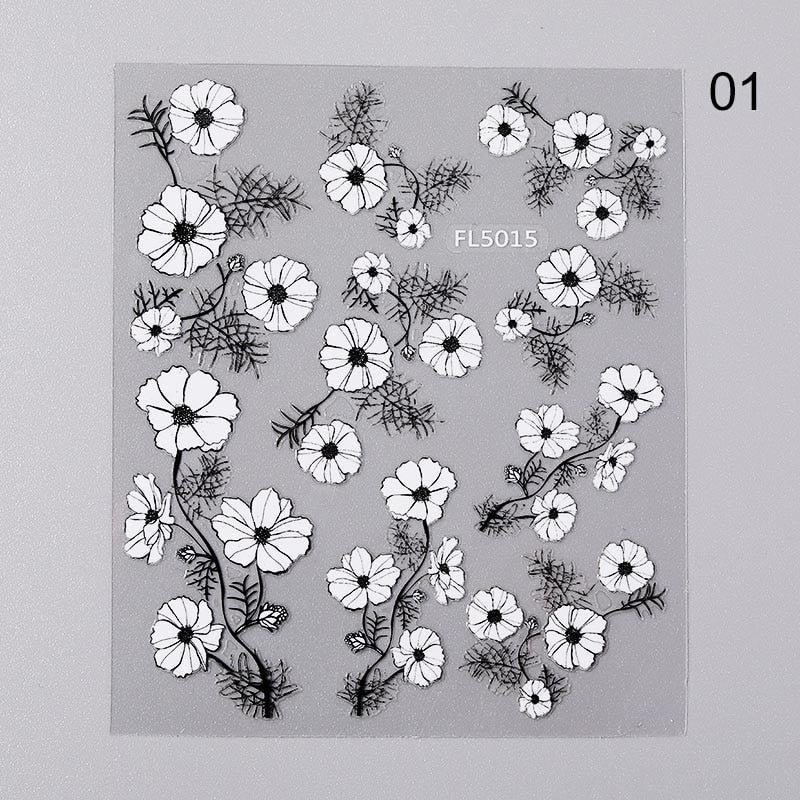 1PC 3D Nail Sticker Black And White Flower Leaf Patterns Nail Art Decals Summer Popular Art Nail Decal Decorations New