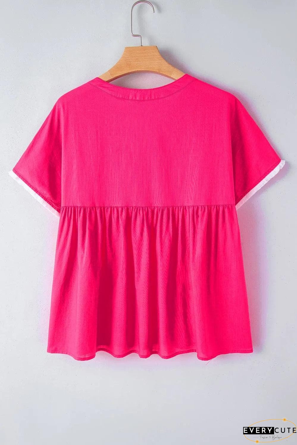Strawberry Pink Geometric Embroidered Tassel Tie V Neck Blouse